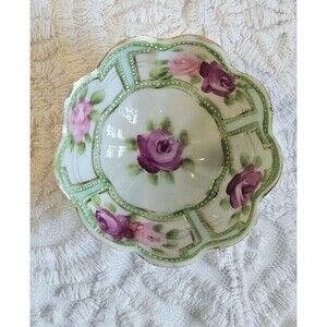 Antique Hand-Painted Floral Footed Bowl  Nippon-Style Mark Gold Trim 3"L x 2"W